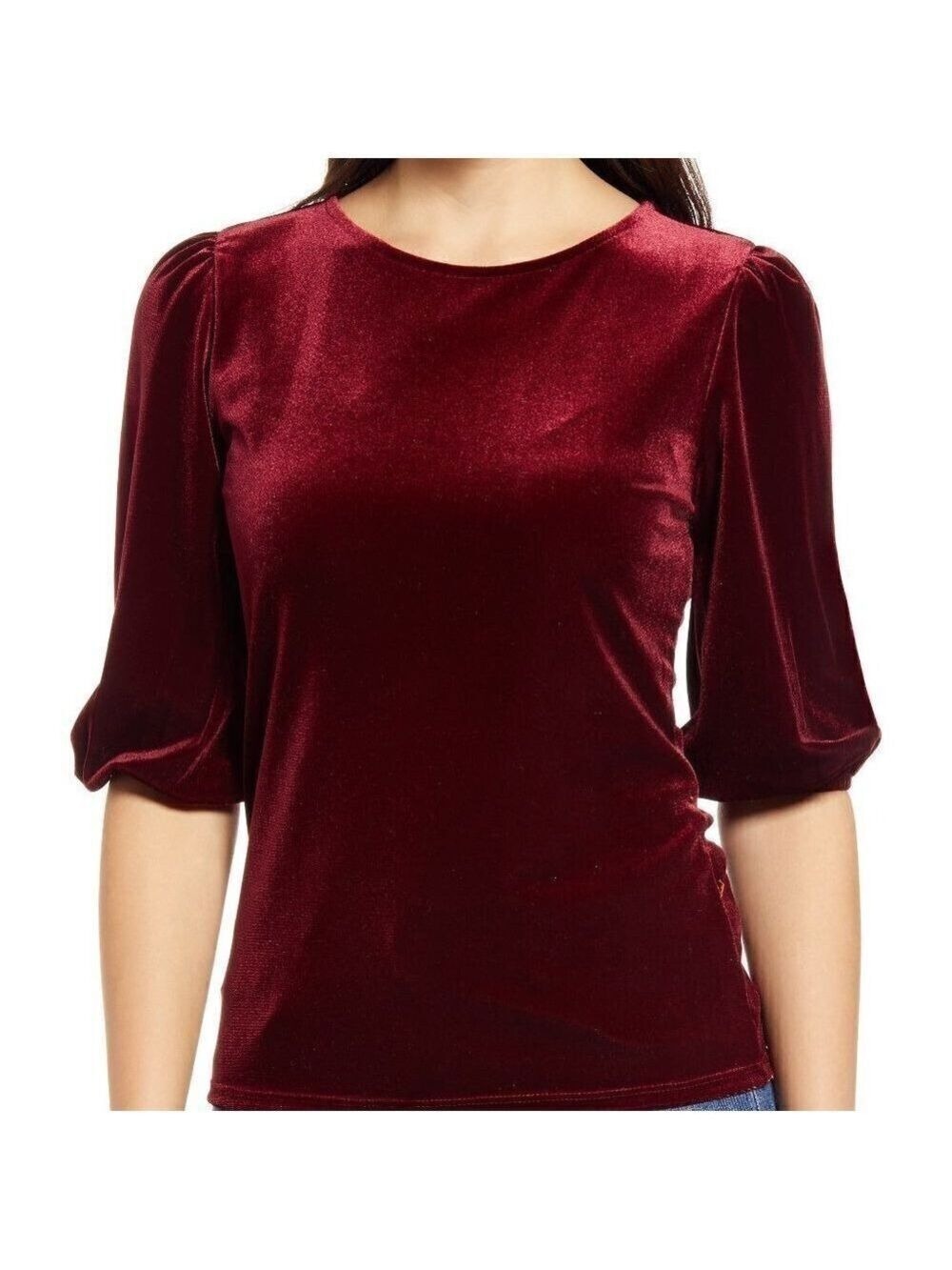 HALOGEN BNWT Burgundy Velvet Top Velour Bubble Sleeve New